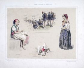 Aquarelle par Benjamin Roubaud - Planche 1 de l'Album d'Afrique (Passementier, Costumes militaires algériens, Juive et Famille maure allant à la campagne)