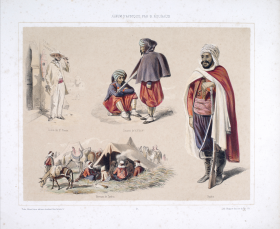 Aquarelle par Benjamin Roubaud - Planche 2 de l'Album d'Afrique (un colon de 2e classe, deux zouaves, un bivouac de saphis et un spahi en pied)