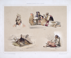 Aquarelle par Benjamin Roubaud - Planche 3 de l'Album d'Afrique (Mauresques, Biskris, Tente arabe, Colon de troisième classe)