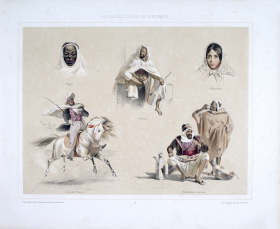 Aquarelle par Benjamin Roubaud - Planche 4 de l'Album d'Afrique (Négro, Bédouin, Mahonnaise, Colon de première classe, marchand de limonade)