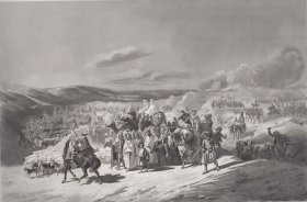 Le retour de S.A.R. Mgr le Duc d'Aumale dans la plaine de la Mitidja, après la prise de la Smalah d'Abd el-Kader - Lithographie reproduisant le tableaux de Benjamin Roubaud
